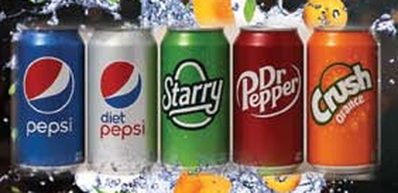 Cans of Pepsi, Diet Pepsi, Starry, Dr Pepper and Orange Crush