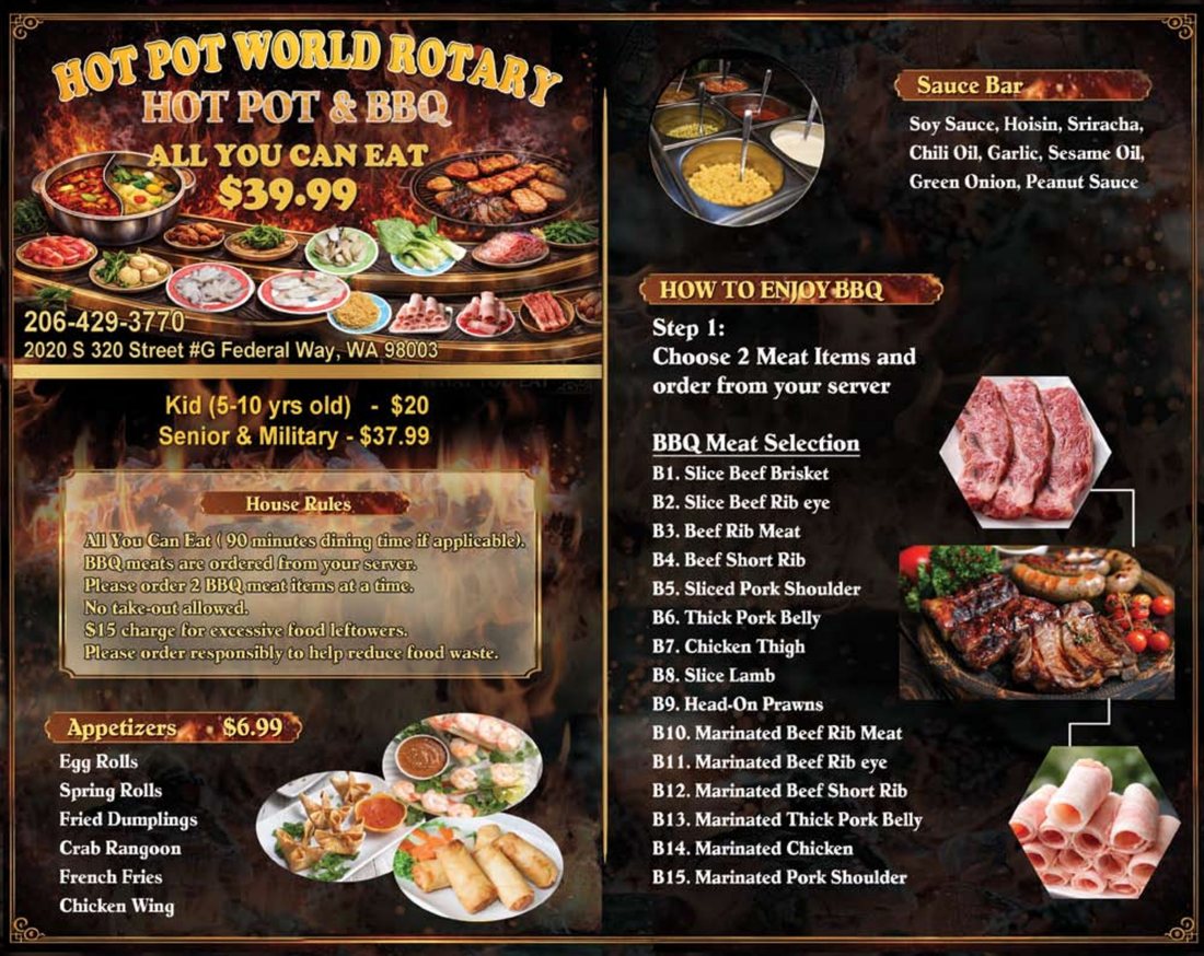 Menu page 1: all you can eat $39.99, kids 5 to 10 $20, seniors and military $37.99, house rules, appetizers $6.99, sauce bar, and the BBQ meat selection B1 to B15
