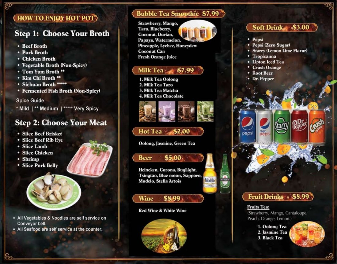 Menu page 2: how to enjoy hot pot, choose your broth and your meat, bubble tea smoothies $7.99, milk tea $7.99, hot tea $2, beer $5, wine $8.99, soft drinks $3, fruit drinks $8.99